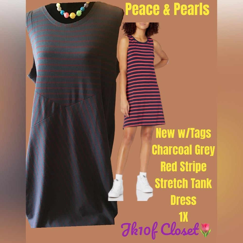 LOWEST🌺 NWT PEACE & PEARLS 1X Grey/RED STRIPE STRETCH TANK DRESS